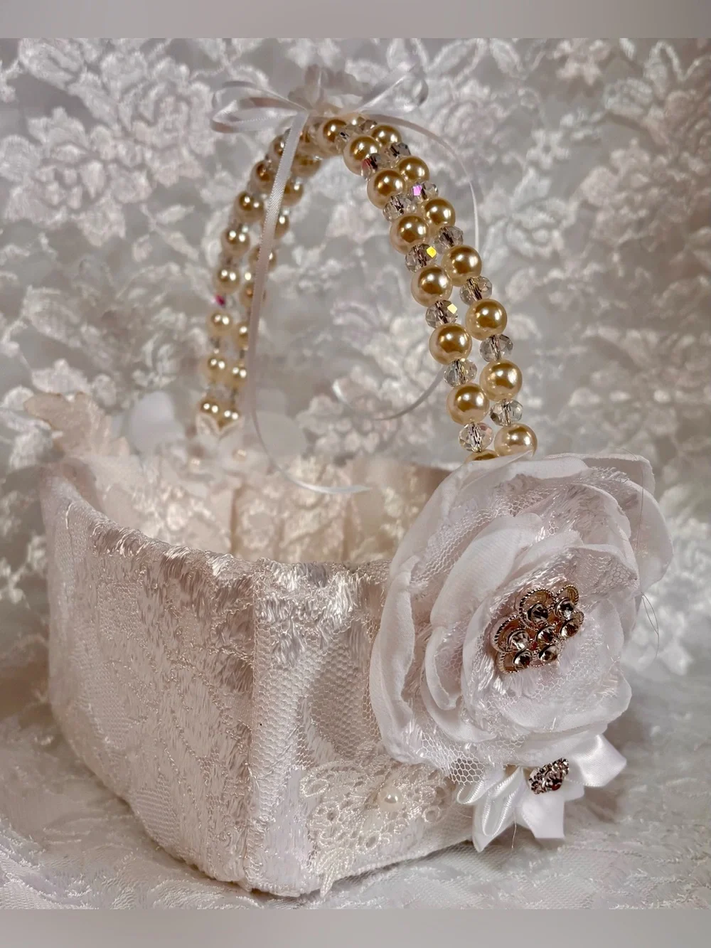 🤍 Handmade Solid White Lace Ring Pillow and Flower Basket Set
